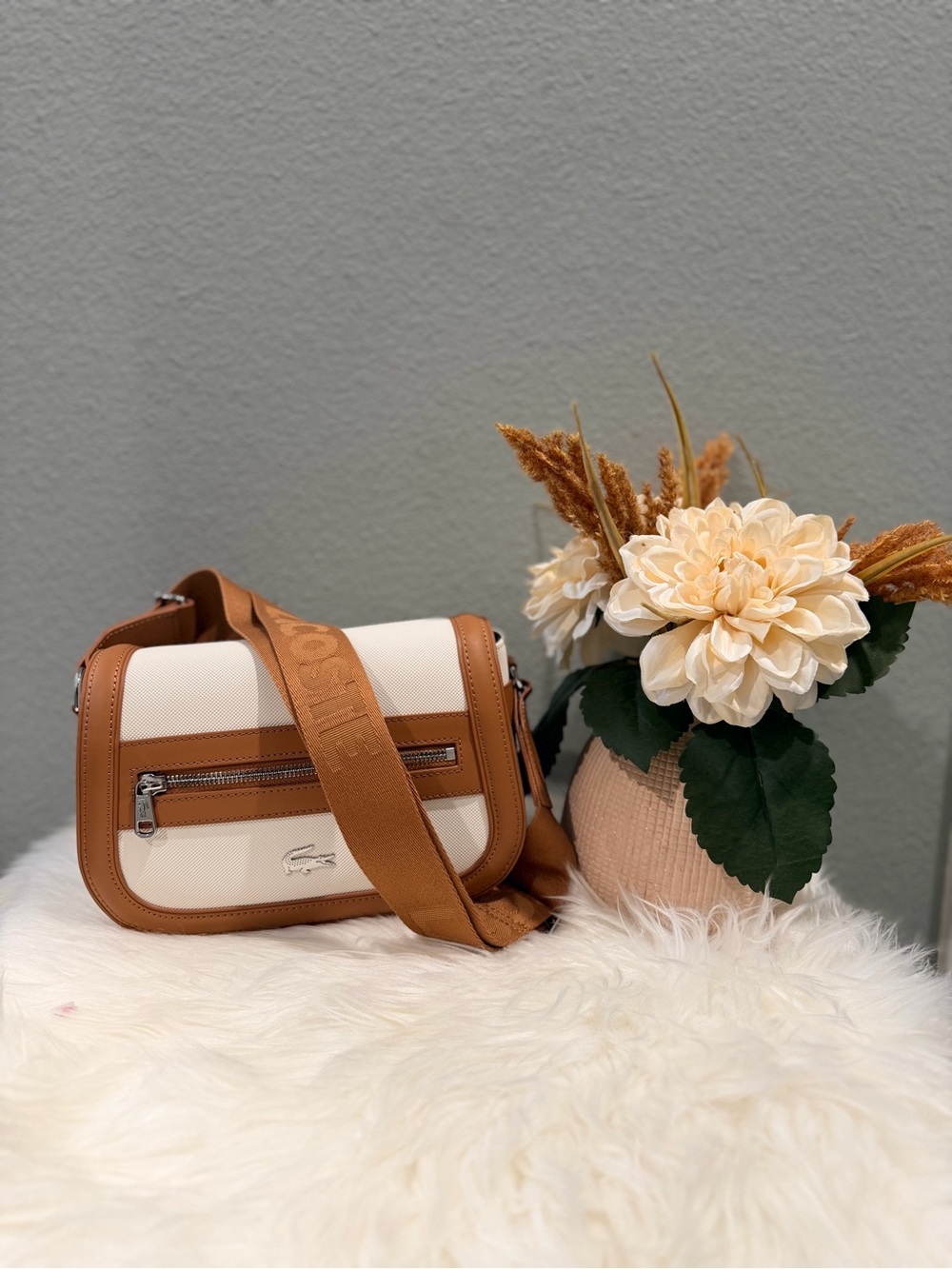 Lacoste Cream and Tan Shoulder Crossbody